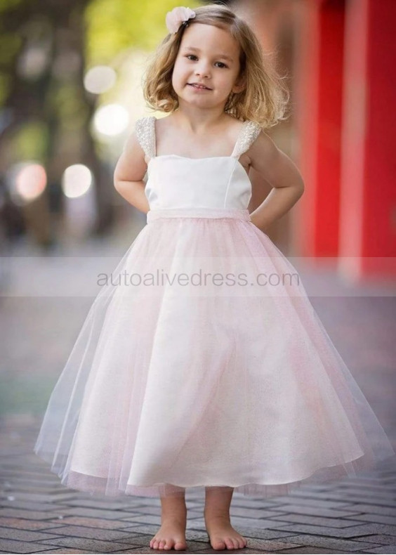 Pearl Straps Shimmering Tulle Tea Length Flower Girl Dress